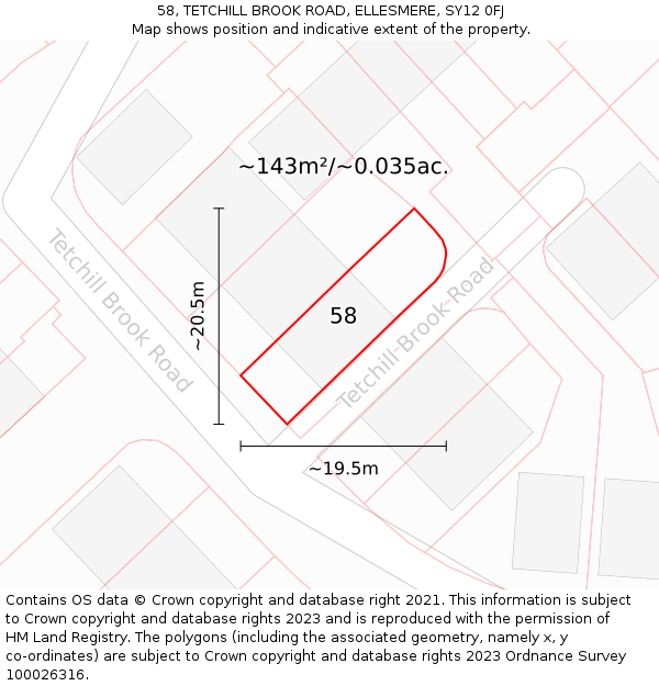 58, TETCHILL BROOK ROAD, ELLESMERE, SY12 0FJ: Plot and title map