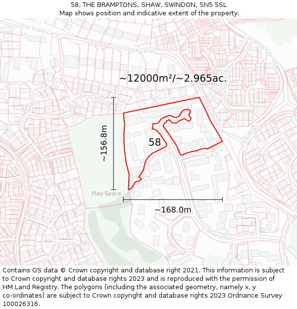 58, THE BRAMPTONS, SHAW, SWINDON, SN5 5SL: Plot and title map