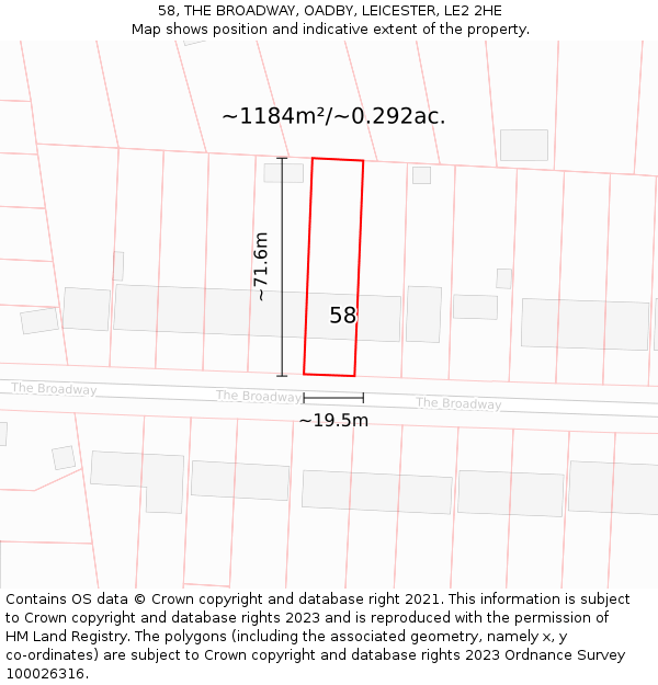 58, THE BROADWAY, OADBY, LEICESTER, LE2 2HE: Plot and title map