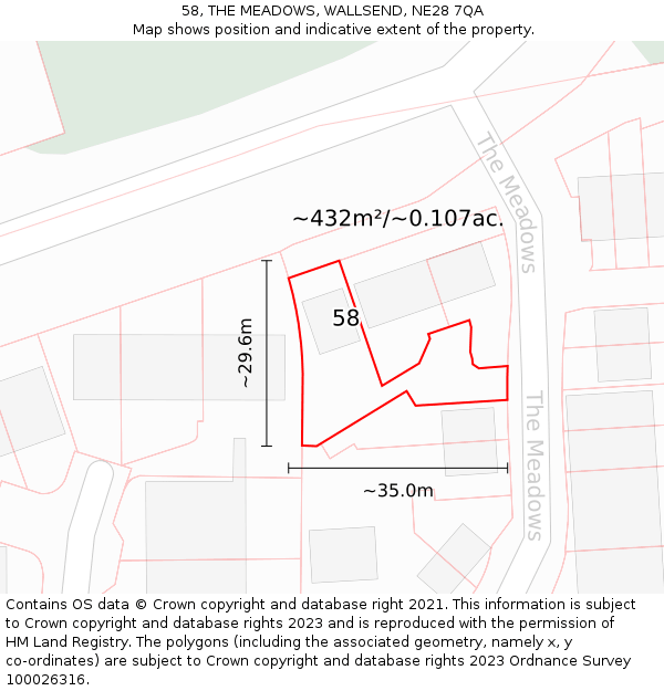 58, THE MEADOWS, WALLSEND, NE28 7QA: Plot and title map