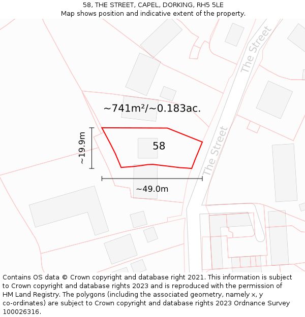 58, THE STREET, CAPEL, DORKING, RH5 5LE: Plot and title map