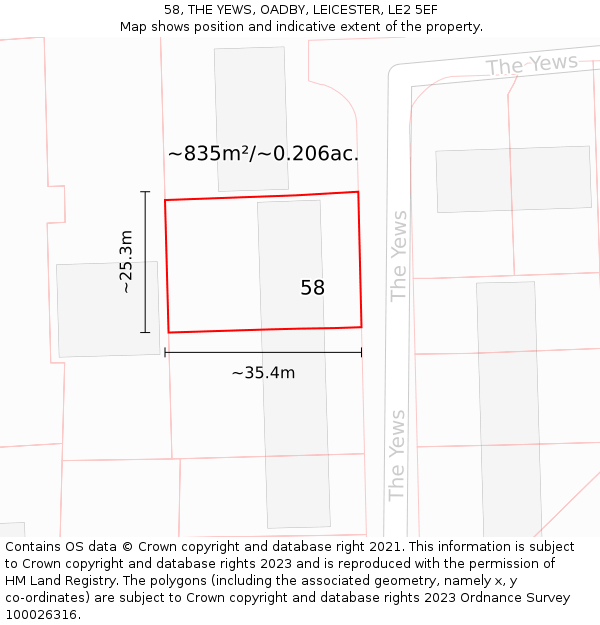 58, THE YEWS, OADBY, LEICESTER, LE2 5EF: Plot and title map