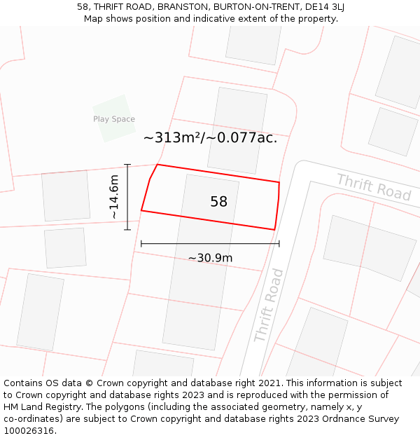 58, THRIFT ROAD, BRANSTON, BURTON-ON-TRENT, DE14 3LJ: Plot and title map