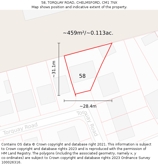 58, TORQUAY ROAD, CHELMSFORD, CM1 7NX: Plot and title map