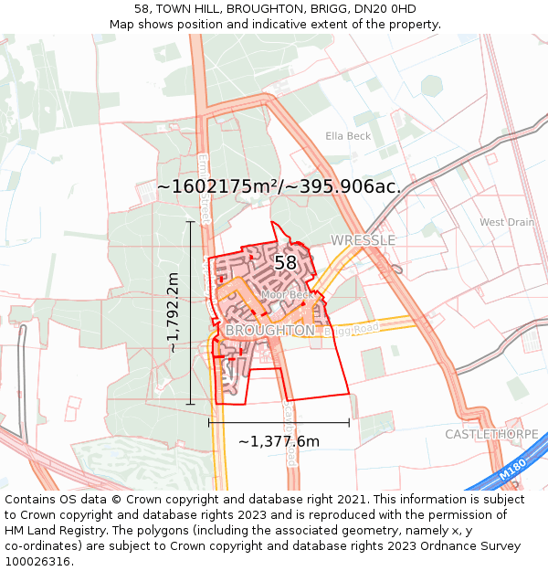 58, TOWN HILL, BROUGHTON, BRIGG, DN20 0HD: Plot and title map