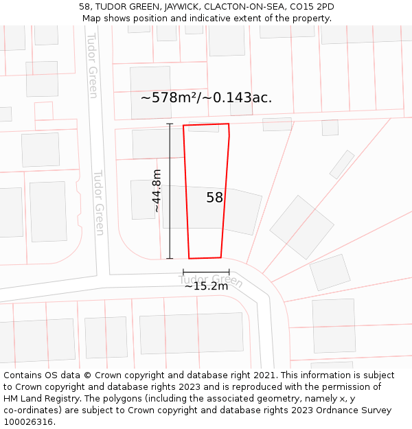 58, TUDOR GREEN, JAYWICK, CLACTON-ON-SEA, CO15 2PD: Plot and title map