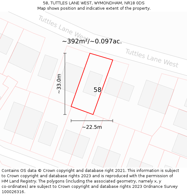 58, TUTTLES LANE WEST, WYMONDHAM, NR18 0DS: Plot and title map