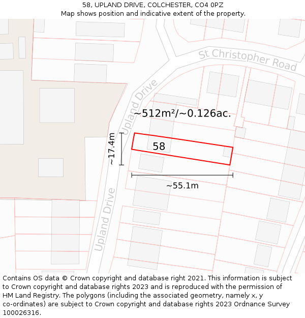 58, UPLAND DRIVE, COLCHESTER, CO4 0PZ: Plot and title map