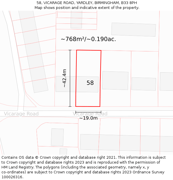58, VICARAGE ROAD, YARDLEY, BIRMINGHAM, B33 8PH: Plot and title map