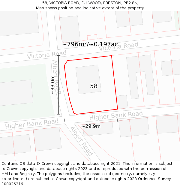 58, VICTORIA ROAD, FULWOOD, PRESTON, PR2 8NJ: Plot and title map