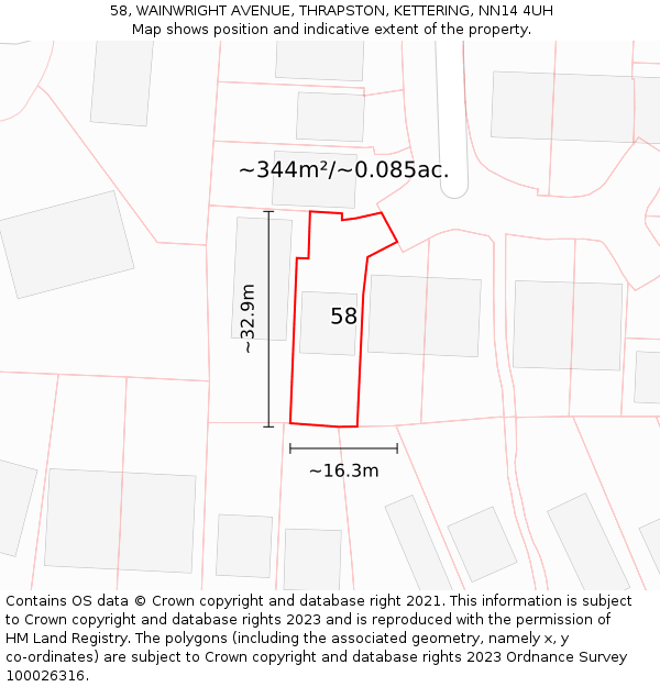 58, WAINWRIGHT AVENUE, THRAPSTON, KETTERING, NN14 4UH: Plot and title map