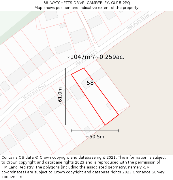 58, WATCHETTS DRIVE, CAMBERLEY, GU15 2PQ: Plot and title map