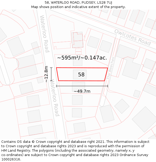 58, WATERLOO ROAD, PUDSEY, LS28 7UJ: Plot and title map