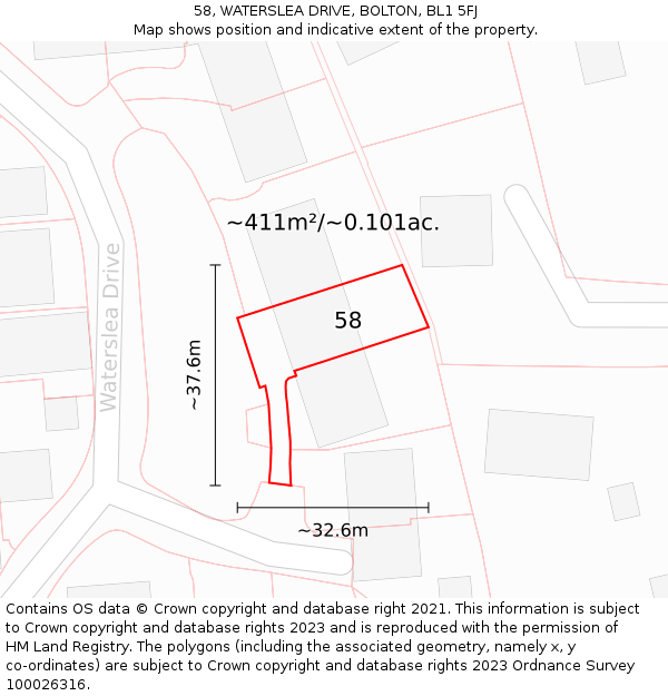 58, WATERSLEA DRIVE, BOLTON, BL1 5FJ: Plot and title map