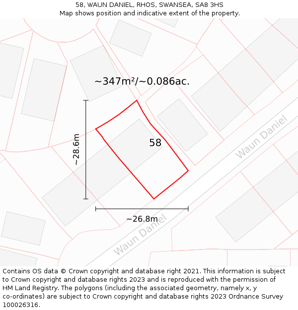 58, WAUN DANIEL, RHOS, SWANSEA, SA8 3HS: Plot and title map