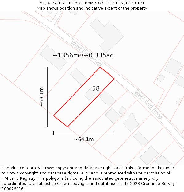 58, WEST END ROAD, FRAMPTON, BOSTON, PE20 1BT: Plot and title map