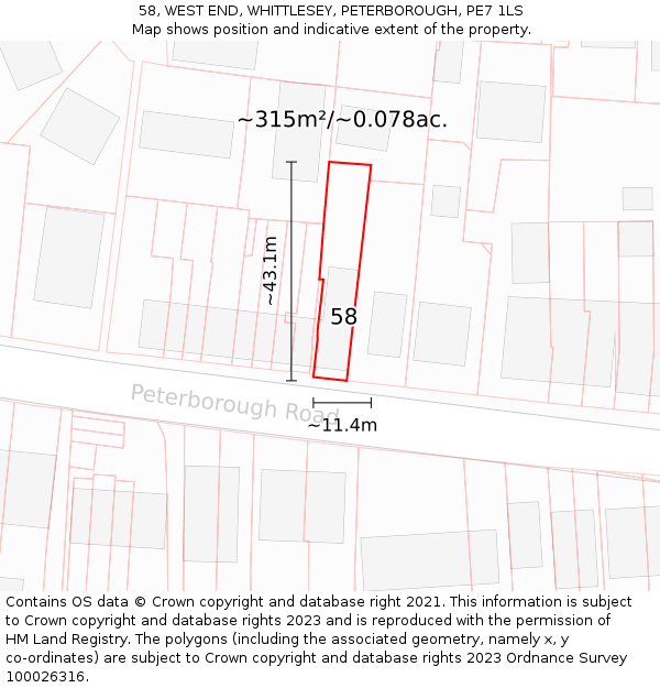 58, WEST END, WHITTLESEY, PETERBOROUGH, PE7 1LS: Plot and title map