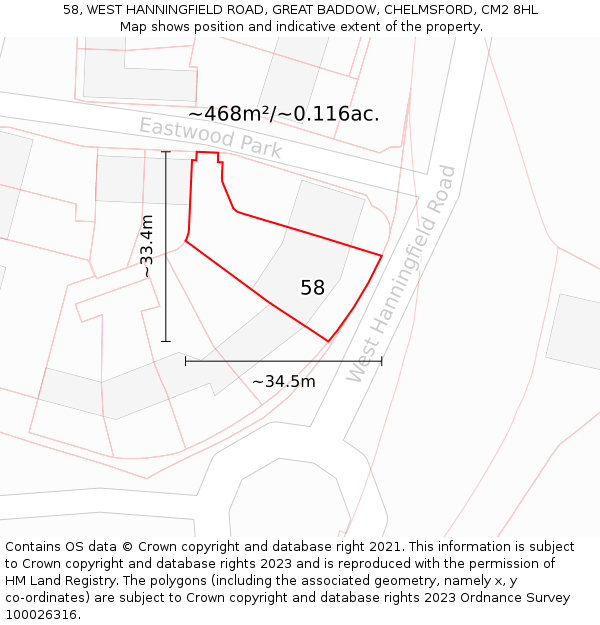 58, WEST HANNINGFIELD ROAD, GREAT BADDOW, CHELMSFORD, CM2 8HL: Plot and title map