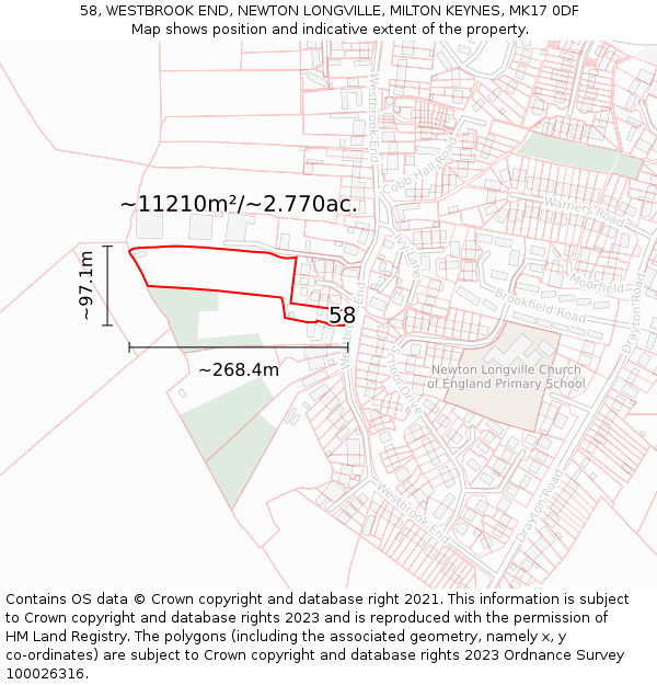 58, WESTBROOK END, NEWTON LONGVILLE, MILTON KEYNES, MK17 0DF: Plot and title map