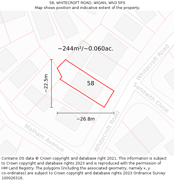 58, WHITECROFT ROAD, WIGAN, WN3 5PS: Plot and title map