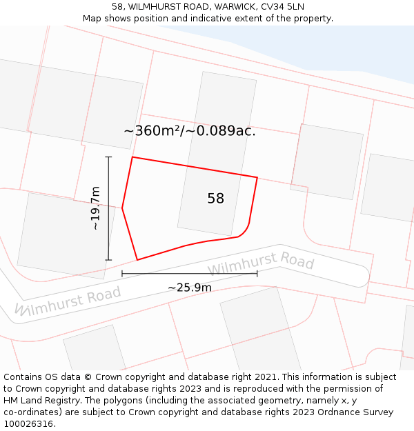 58, WILMHURST ROAD, WARWICK, CV34 5LN: Plot and title map