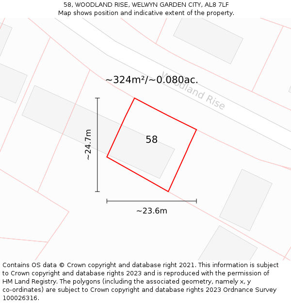 58, WOODLAND RISE, WELWYN GARDEN CITY, AL8 7LF: Plot and title map