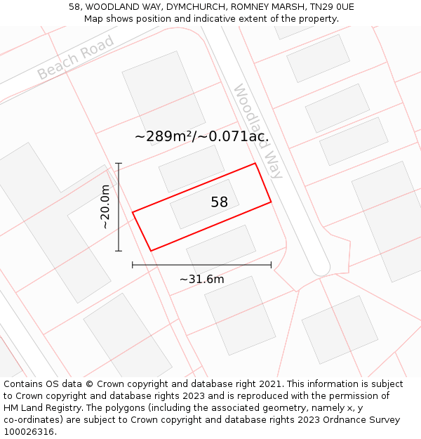 58, WOODLAND WAY, DYMCHURCH, ROMNEY MARSH, TN29 0UE: Plot and title map