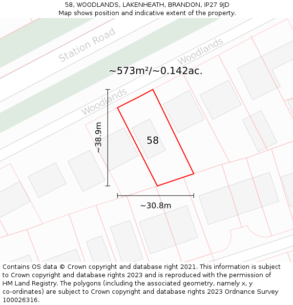 58, WOODLANDS, LAKENHEATH, BRANDON, IP27 9JD: Plot and title map