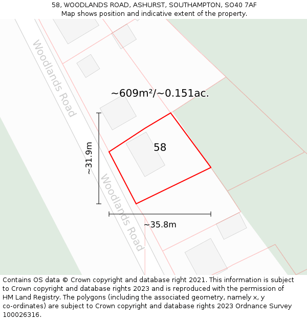 58, WOODLANDS ROAD, ASHURST, SOUTHAMPTON, SO40 7AF: Plot and title map