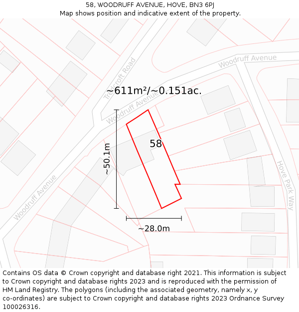 58, WOODRUFF AVENUE, HOVE, BN3 6PJ: Plot and title map