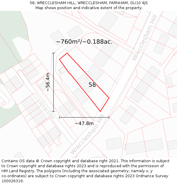 58, WRECCLESHAM HILL, WRECCLESHAM, FARNHAM, GU10 4JS: Plot and title map