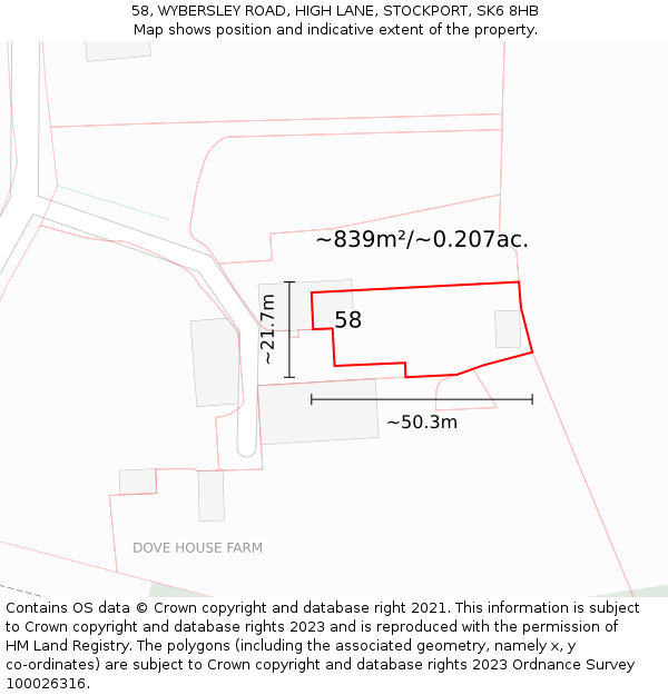 58, WYBERSLEY ROAD, HIGH LANE, STOCKPORT, SK6 8HB: Plot and title map
