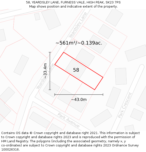 58, YEARDSLEY LANE, FURNESS VALE, HIGH PEAK, SK23 7PS: Plot and title map