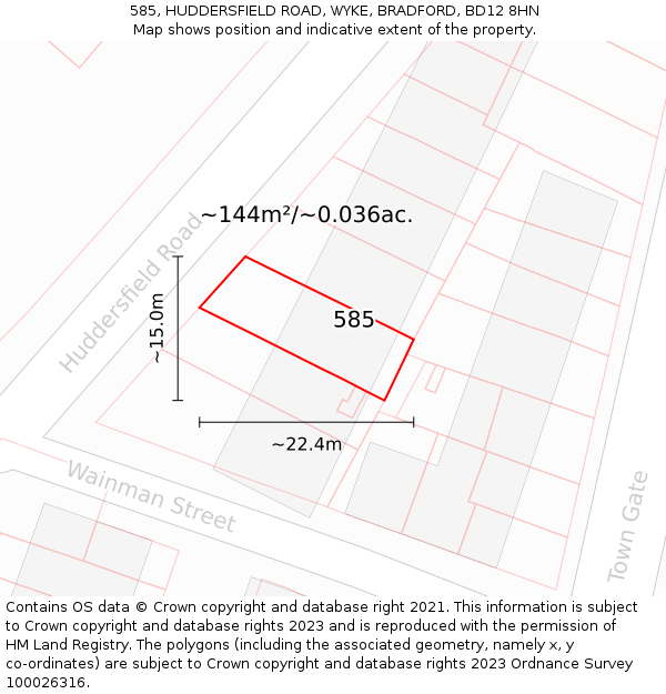 585, HUDDERSFIELD ROAD, WYKE, BRADFORD, BD12 8HN: Plot and title map