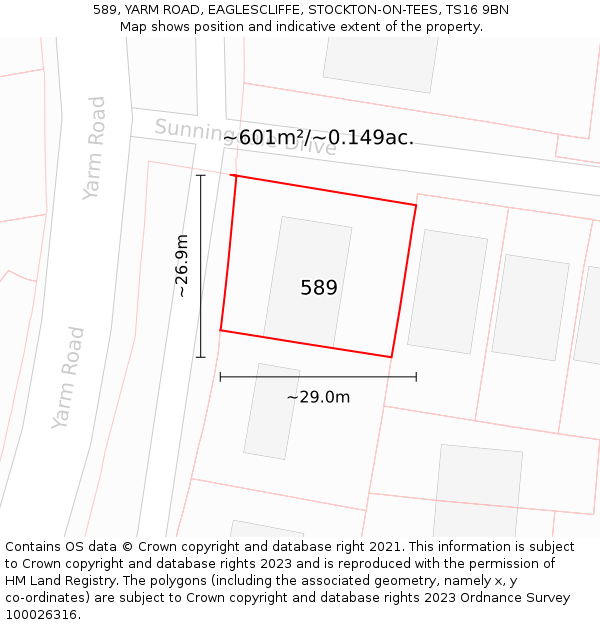 589, YARM ROAD, EAGLESCLIFFE, STOCKTON-ON-TEES, TS16 9BN: Plot and title map