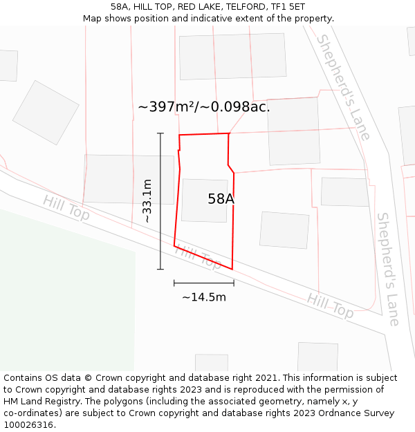 58A, HILL TOP, RED LAKE, TELFORD, TF1 5ET: Plot and title map