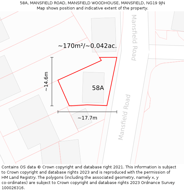 58A, MANSFIELD ROAD, MANSFIELD WOODHOUSE, MANSFIELD, NG19 9JN: Plot and title map