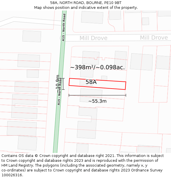 58A, NORTH ROAD, BOURNE, PE10 9BT: Plot and title map