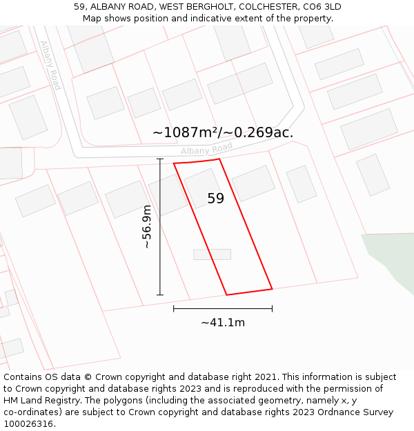 59, ALBANY ROAD, WEST BERGHOLT, COLCHESTER, CO6 3LD: Plot and title map