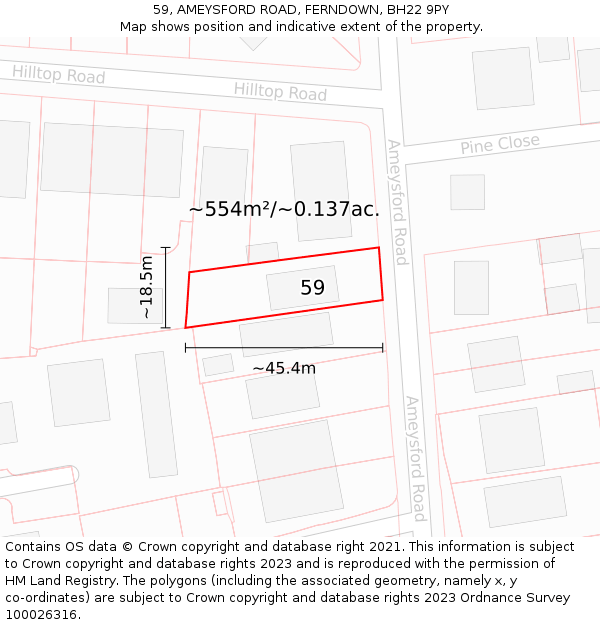 59, AMEYSFORD ROAD, FERNDOWN, BH22 9PY: Plot and title map