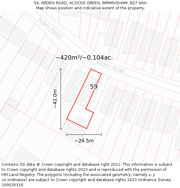 59, ARDEN ROAD, ACOCKS GREEN, BIRMINGHAM, B27 6AH: Plot and title map