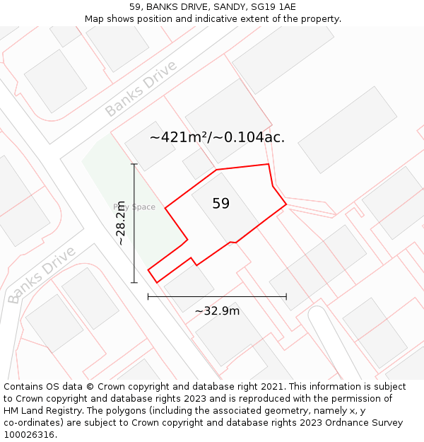 59, BANKS DRIVE, SANDY, SG19 1AE: Plot and title map