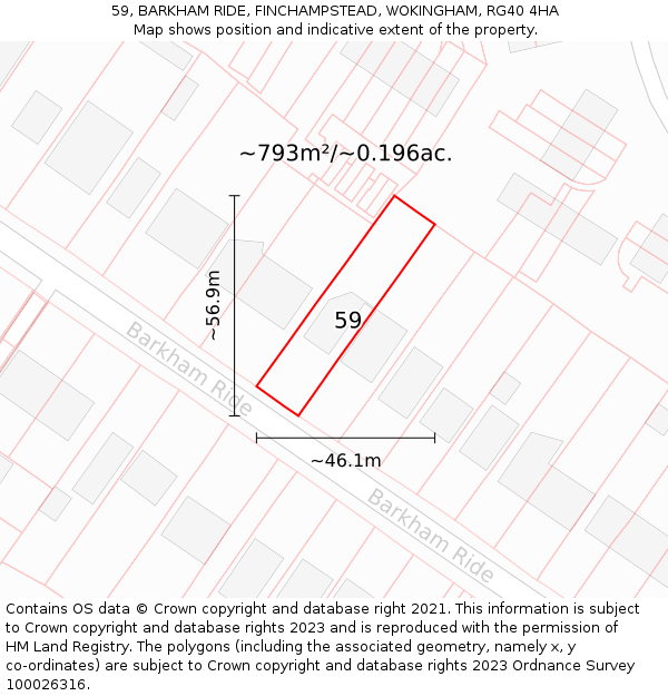 59, BARKHAM RIDE, FINCHAMPSTEAD, WOKINGHAM, RG40 4HA: Plot and title map