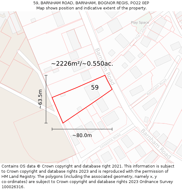 59, BARNHAM ROAD, BARNHAM, BOGNOR REGIS, PO22 0EP: Plot and title map