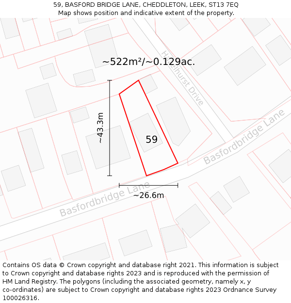 59, BASFORD BRIDGE LANE, CHEDDLETON, LEEK, ST13 7EQ: Plot and title map