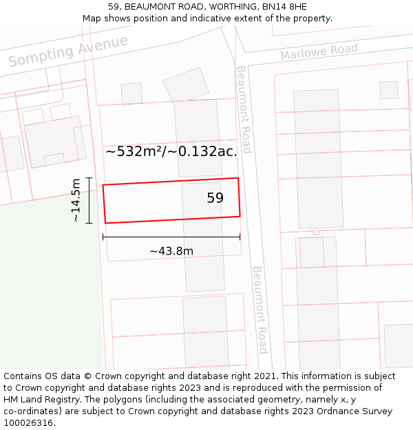 59, BEAUMONT ROAD, WORTHING, BN14 8HE: Plot and title map