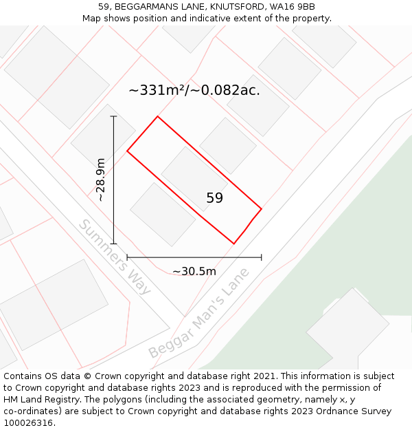 59, BEGGARMANS LANE, KNUTSFORD, WA16 9BB: Plot and title map