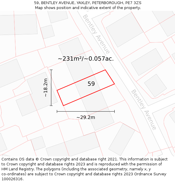 59, BENTLEY AVENUE, YAXLEY, PETERBOROUGH, PE7 3ZS: Plot and title map