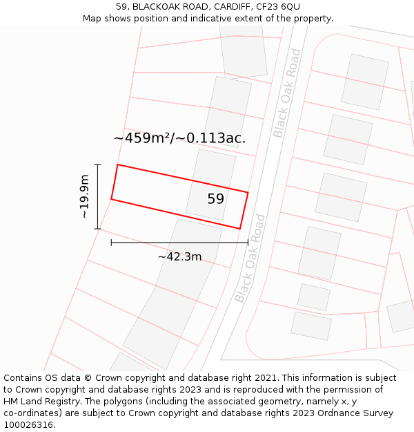 59, BLACKOAK ROAD, CARDIFF, CF23 6QU: Plot and title map