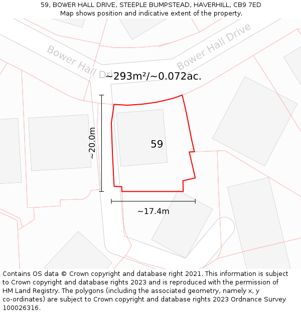 59, BOWER HALL DRIVE, STEEPLE BUMPSTEAD, HAVERHILL, CB9 7ED: Plot and title map